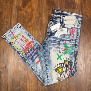 Rue 21 32 x 32 Premium Supreme Flex Skinny jeans graffiti paint acid wash